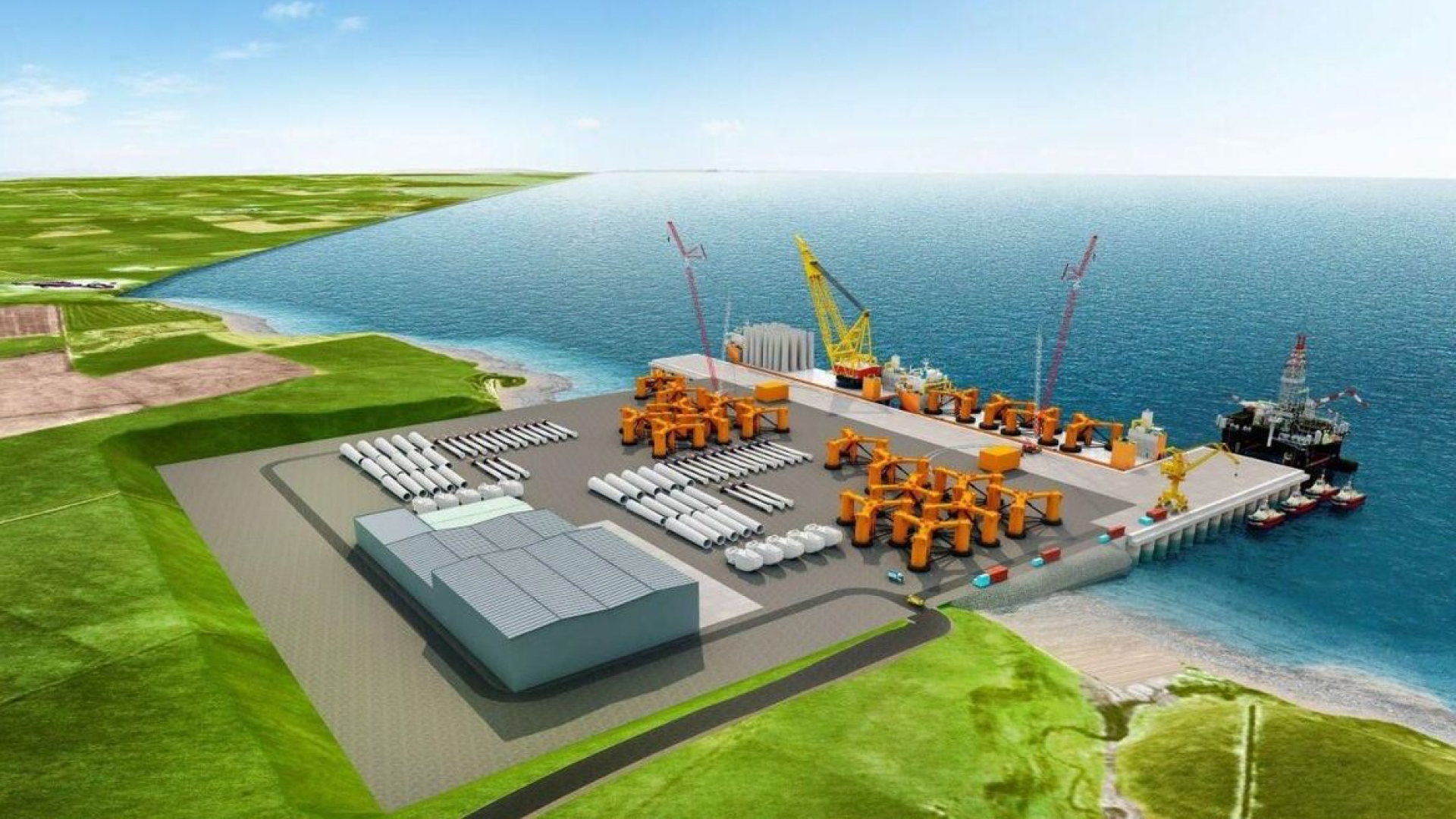Illustration showing aerial view of the planned Scapa Deep Water Quay development in Orkney