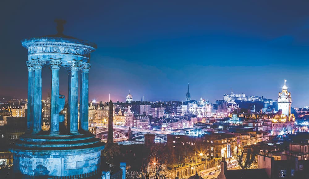 View across Edinburgh from Calton Hill at night