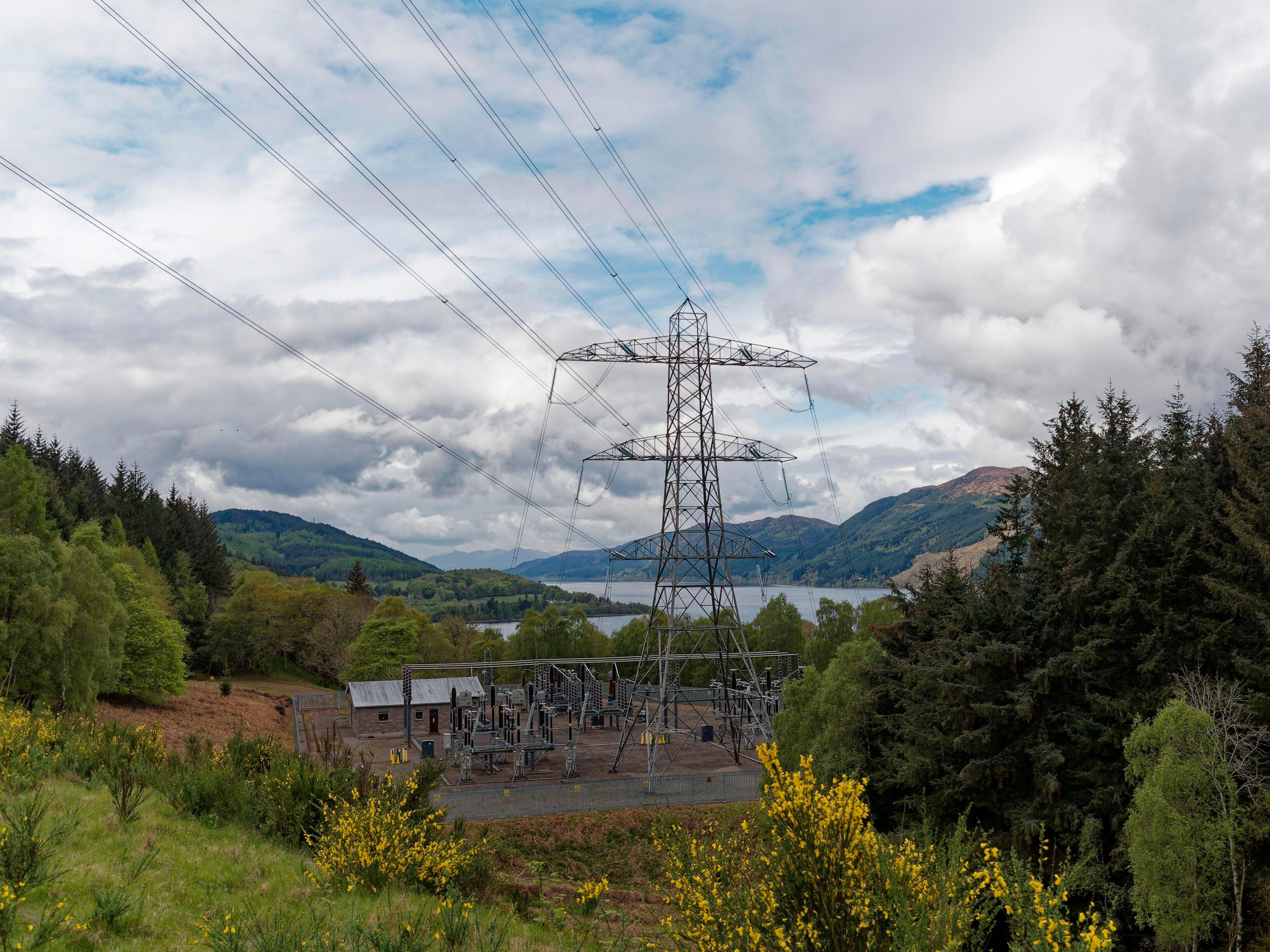 An image of a pylon in the Scottish countryside. 